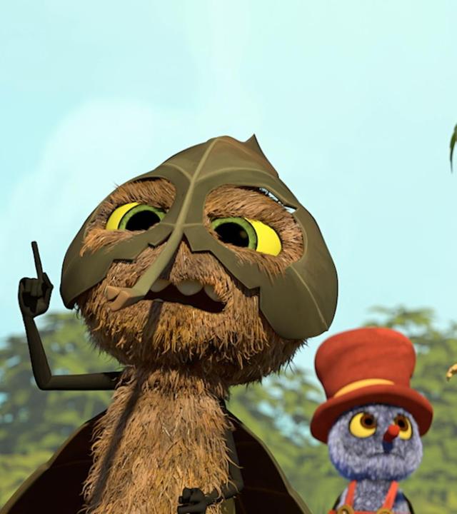 Motte Incognito (links) hat den rechten Zeigefinger erhoben. Laus Klaus (Mitte) und Grille Gregor (rechts) sehen einander ratlos an.