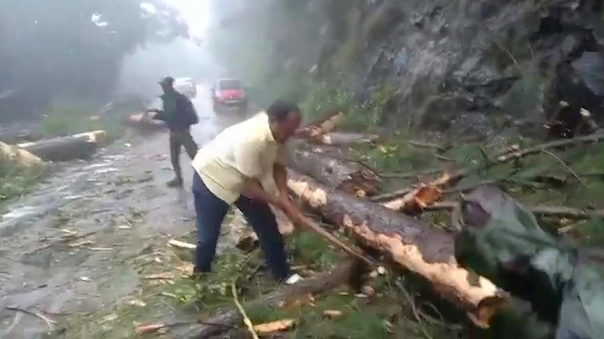 Ein Mann zerhackt einen Baum, der durch den Zyklon "Gaja" auf die Straße gefallen ist. Am 18.11.2018 in Cuddalore.
