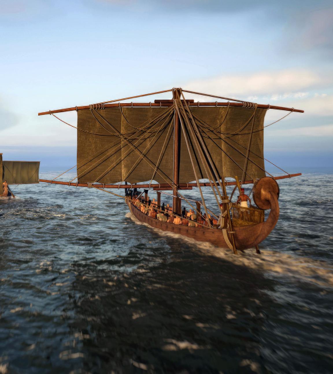 Animation: Zwei Schiffe fahren unter Segeln auf dem Wasser.