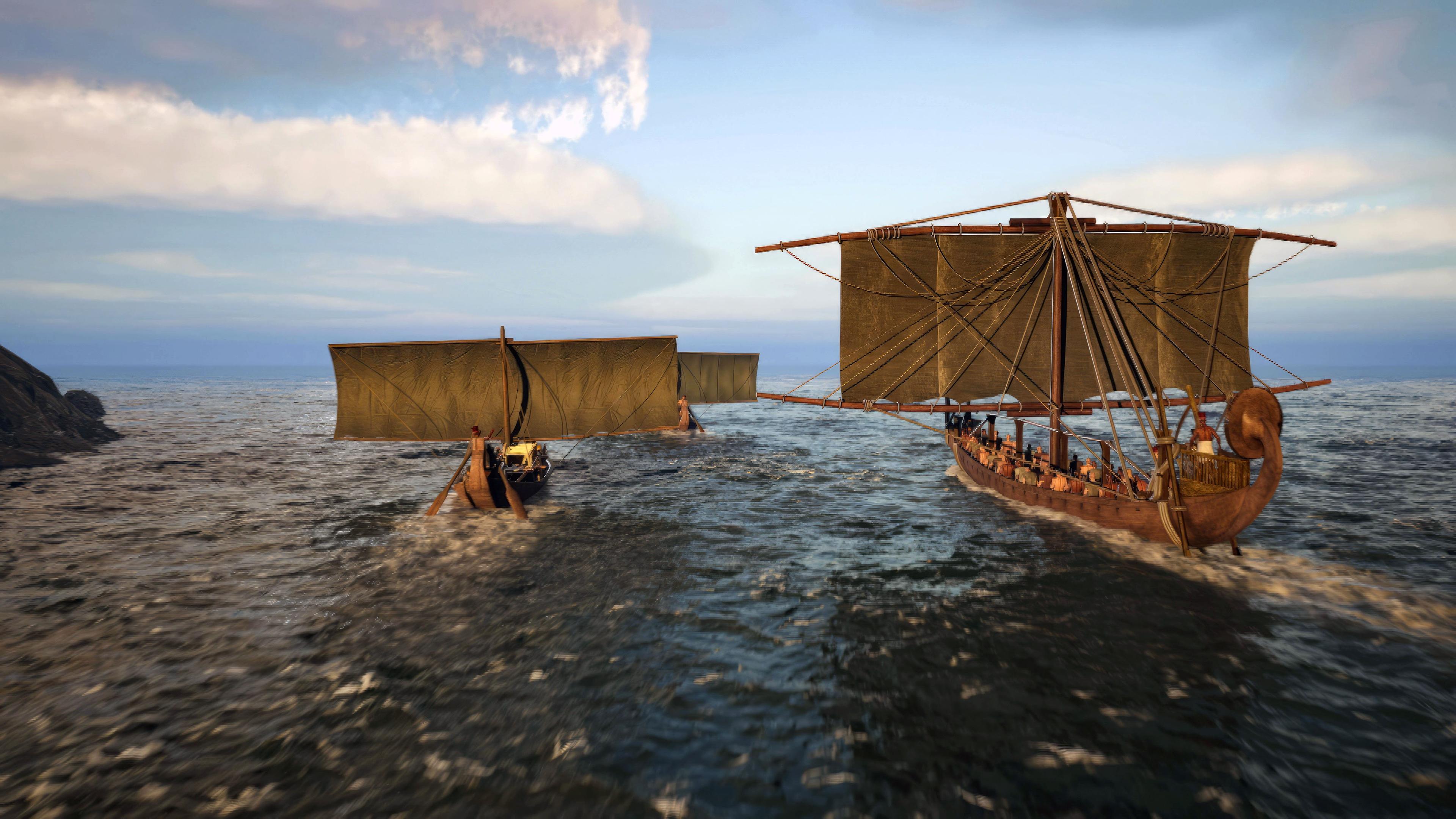 Animation: Zwei Schiffe fahren unter Segeln auf dem Wasser.