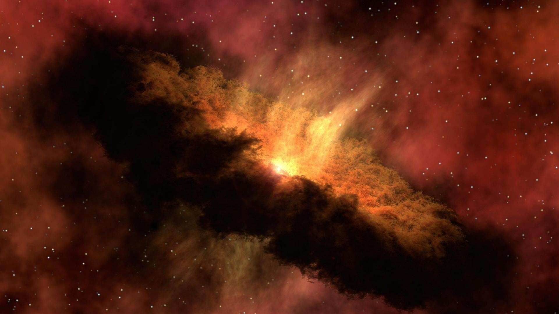 Eine ringförmige Wolke aus Staub, in deren Mitte ein Stern leuchtet – im Hintergrund andere Sterne