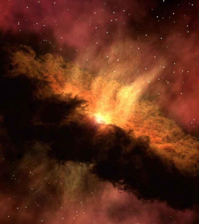 Eine ringförmige Wolke aus Staub, in deren Mitte ein Stern leuchtet – im Hintergrund andere Sterne
