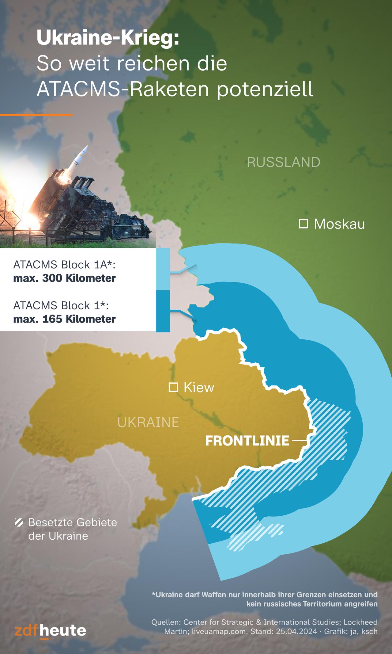 Die USA liefern der Ukraine ATACMS-Raketen mit einer Reichweite von bis zu 300 Kilometern. Die Karte zeigt, dass die Ukraine damit ihr ganzes von Russland besetztes Territorium angreifen kann.