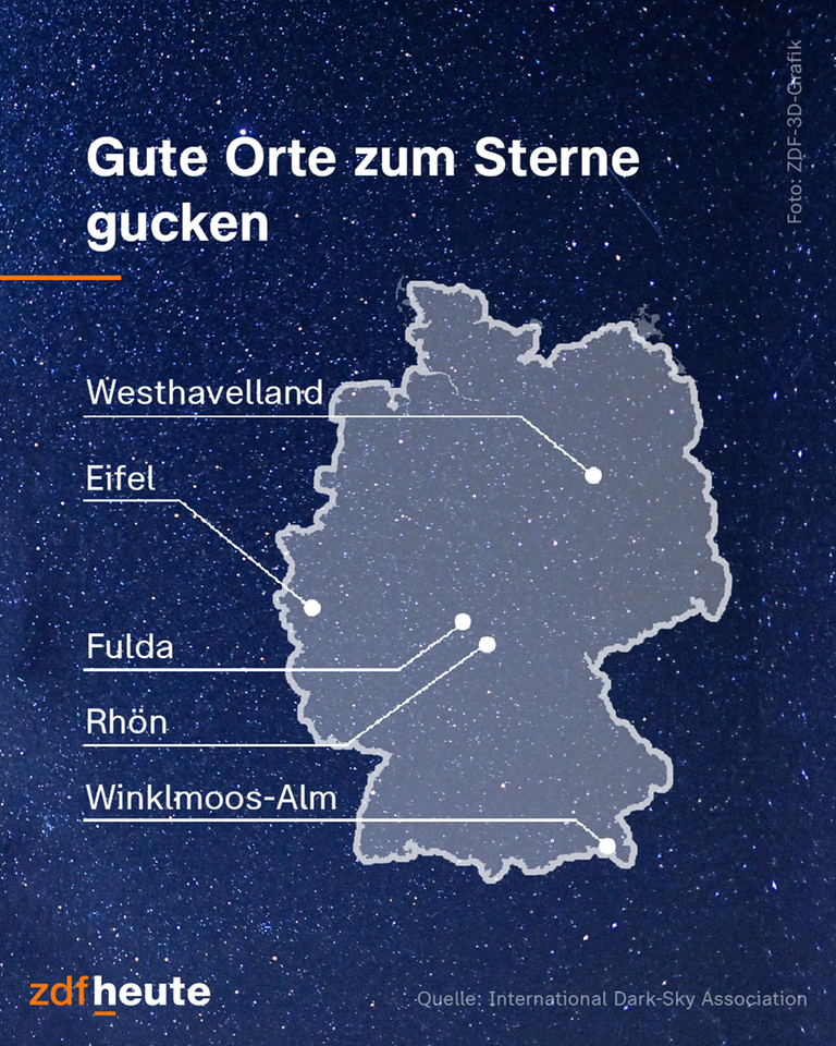 Auf der Karte werden die Sternenparks in Deutschland gezeigt: Westhavelland, Eifel, Fulda, Rhön und Winkelmoos-Alm und die Sternenstadt Fulda. 
