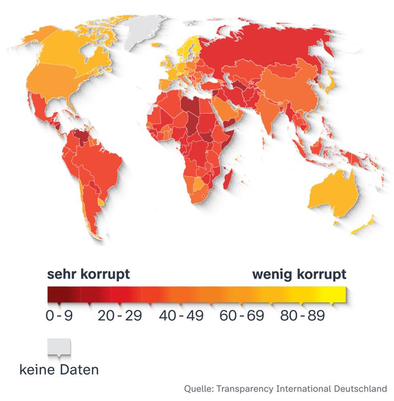 Die Weltkarte zeigt, wie korrupt Länder wahrgenommen werden. Demokratische Länder schneiden dabei besser ab, weltweiter Spitzenreiter ist Dänemark. Länder, in denen Krieg oder Bürgerkrieg herrscht, schneiden dagegen schlecht ab.