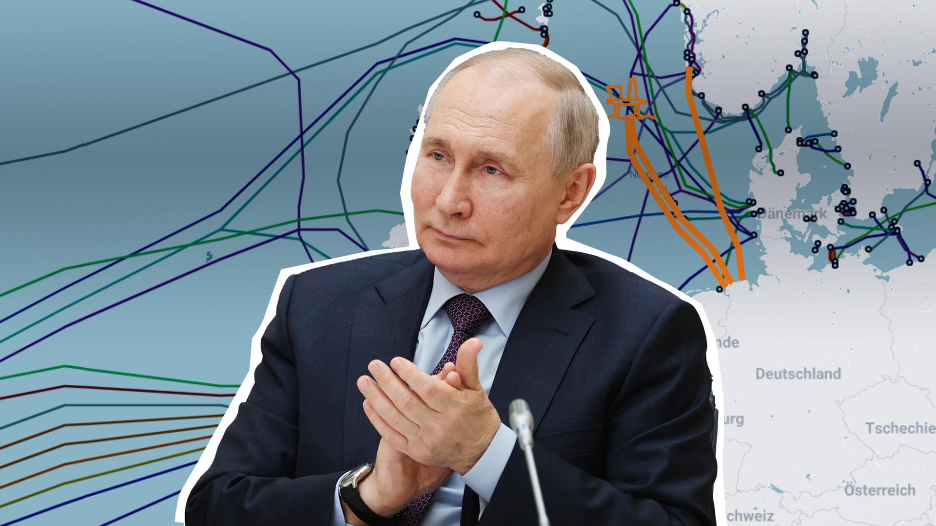 Russlands Präsident Wladimir Putin vor einer Karte, die die kritische Unterwasser-Infrastruktur in Europa zeigt.
