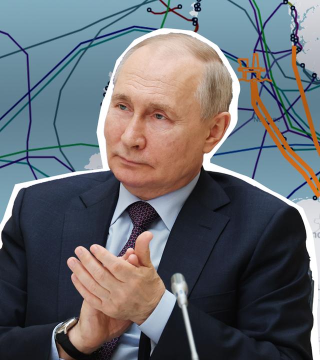 Russlands Präsident Wladimir Putin vor einer Karte, die die kritische Unterwasser-Infrastruktur in Europa zeigt.
