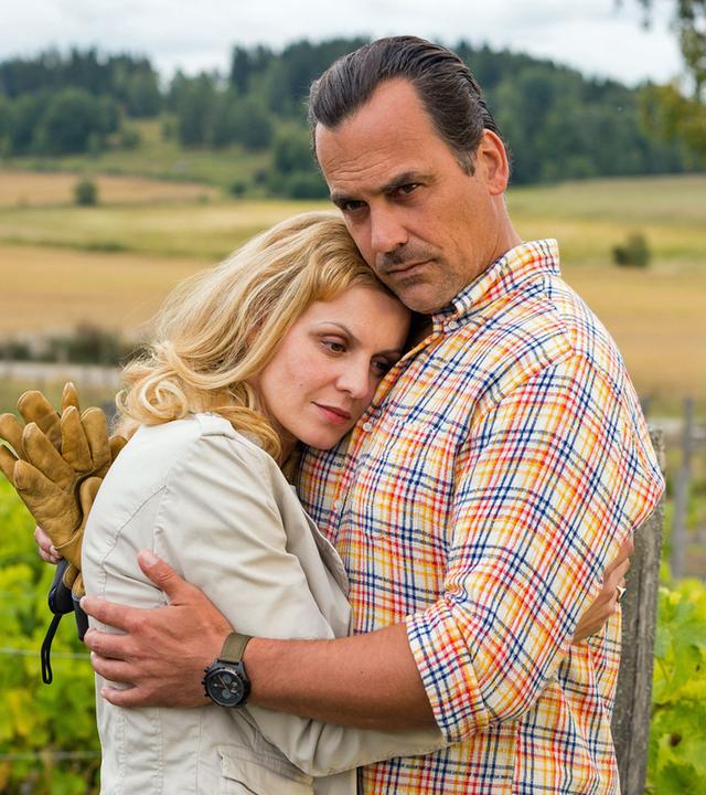 "Inga Lindström: Der Traum vom Siljansee": Elin Holmberg (Anja Nejarri) lehnt sich an Magnus Olofson (Marcus Grüsser), der sie umarmt. Beide schauen ernst und etwas besorgt. Im Hintergrund erstreckt sich ein weites Feld.