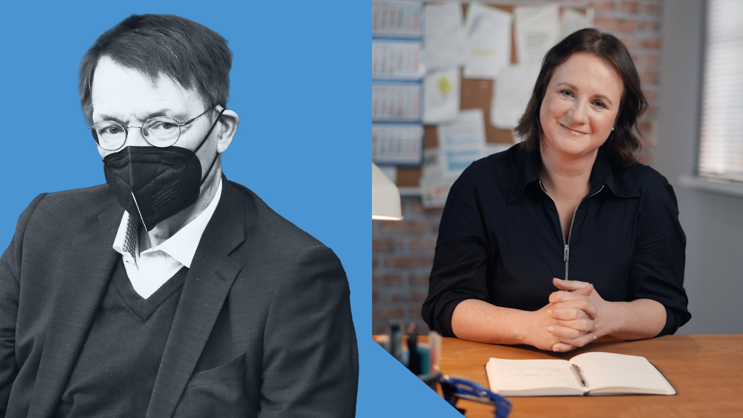 Karl Lauterbach zieht sich einen Mund-Nasen-Schutz an, daneben ist in einem Kreis Christiane Hübscher zu sehen.