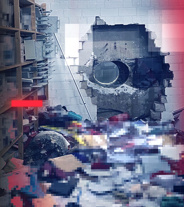 Großes Loch in der Wand eines Vorraums zum Tresorraums (dahinter) der Sparkassenfiliale Gelsenkirchen-Buer, in die sich Einbrecher mit Hilfe eines großen Bohrers Zugang zum Tresorraum verschafft haben. Dort durchsuchten sie die Wertschließfächer. Einbrecher haben sich mit Hilfe eines großen Bohrers Zugang zum Tresorraum verschafft. Dort durchsuchten sie die Wertschließfächer. Bildteile aus rechtlichen Gründen verpixelt.