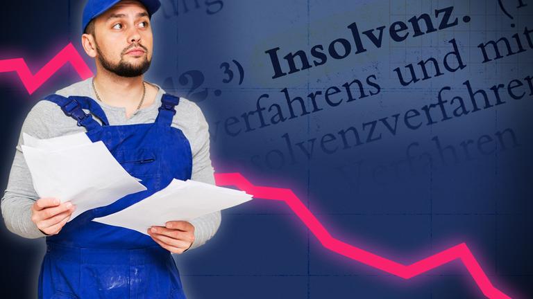 Handwerker, daneben der Schriftzug "Insolvenz" sowie eine Linie, die in Zacken nach unten verläuft