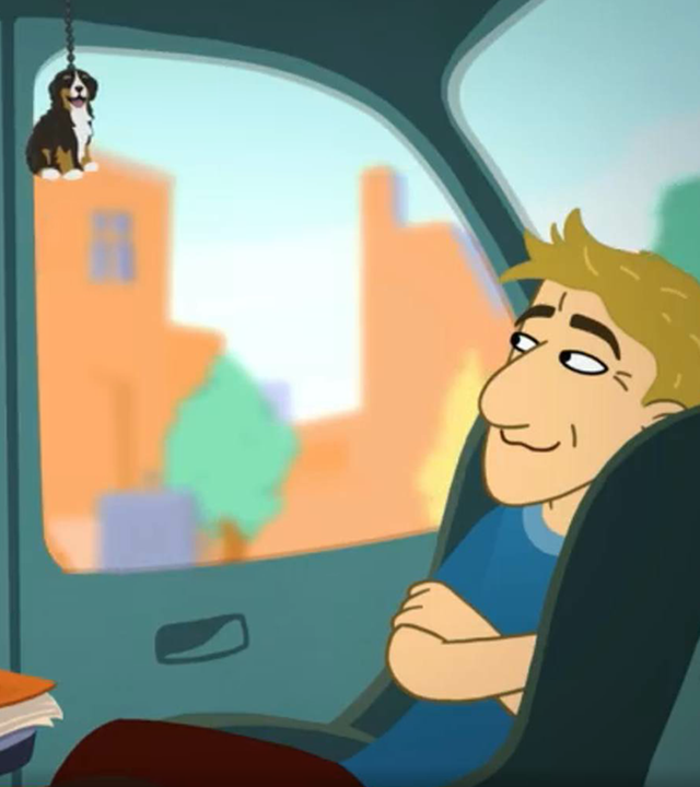 Fritz sitzt in einem selbstständig fahrenden Auto