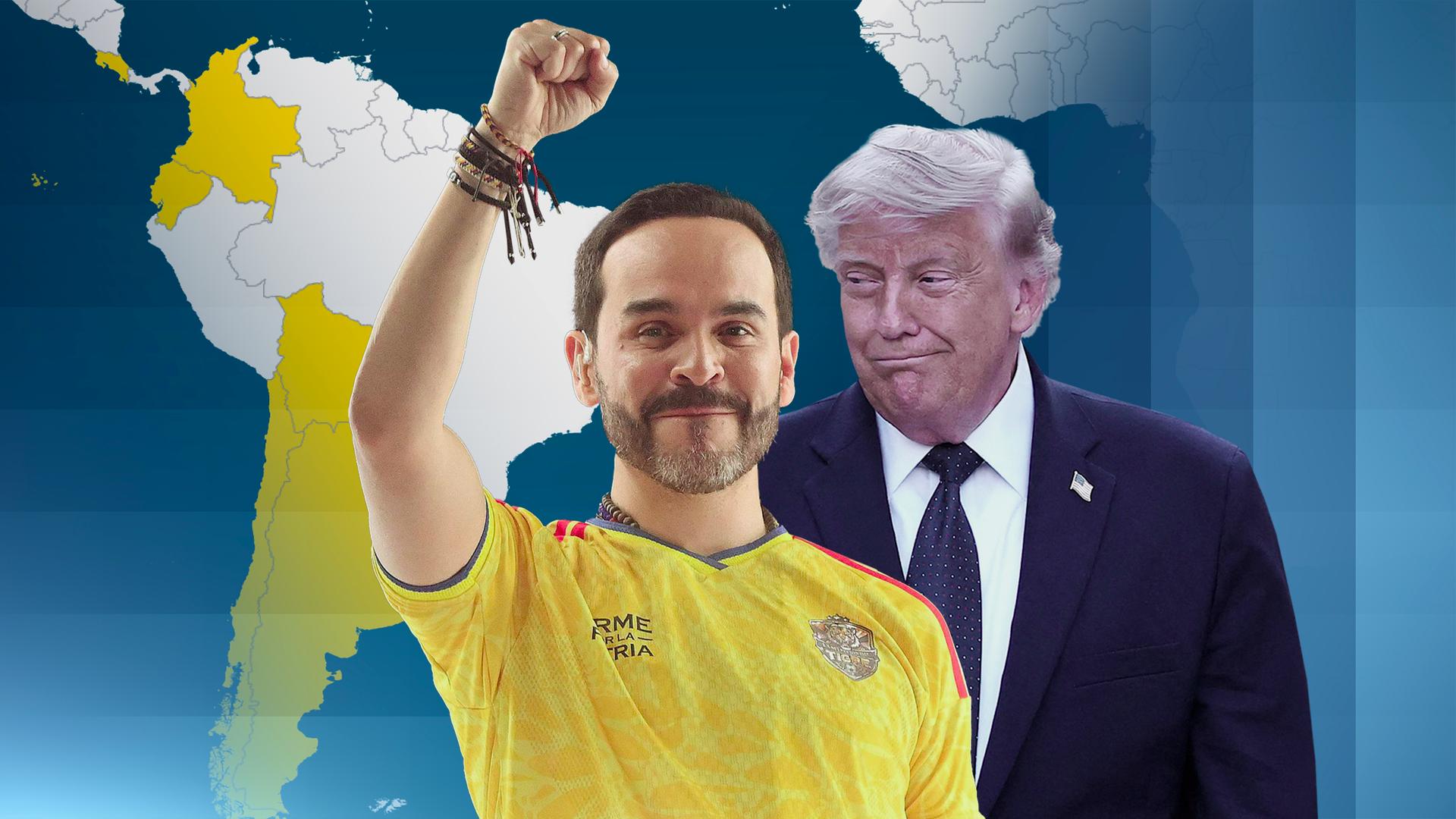 Wahlsieger de la Espriella in gelbem Kolumbien Fußballtrikot. Als Hintergrund ist auf der linken Seite eine Karte von Südamerika zu sehen und auf seiner rechten Seite ein Bild von Donald Trump in einem dunkelblauen Anzug.