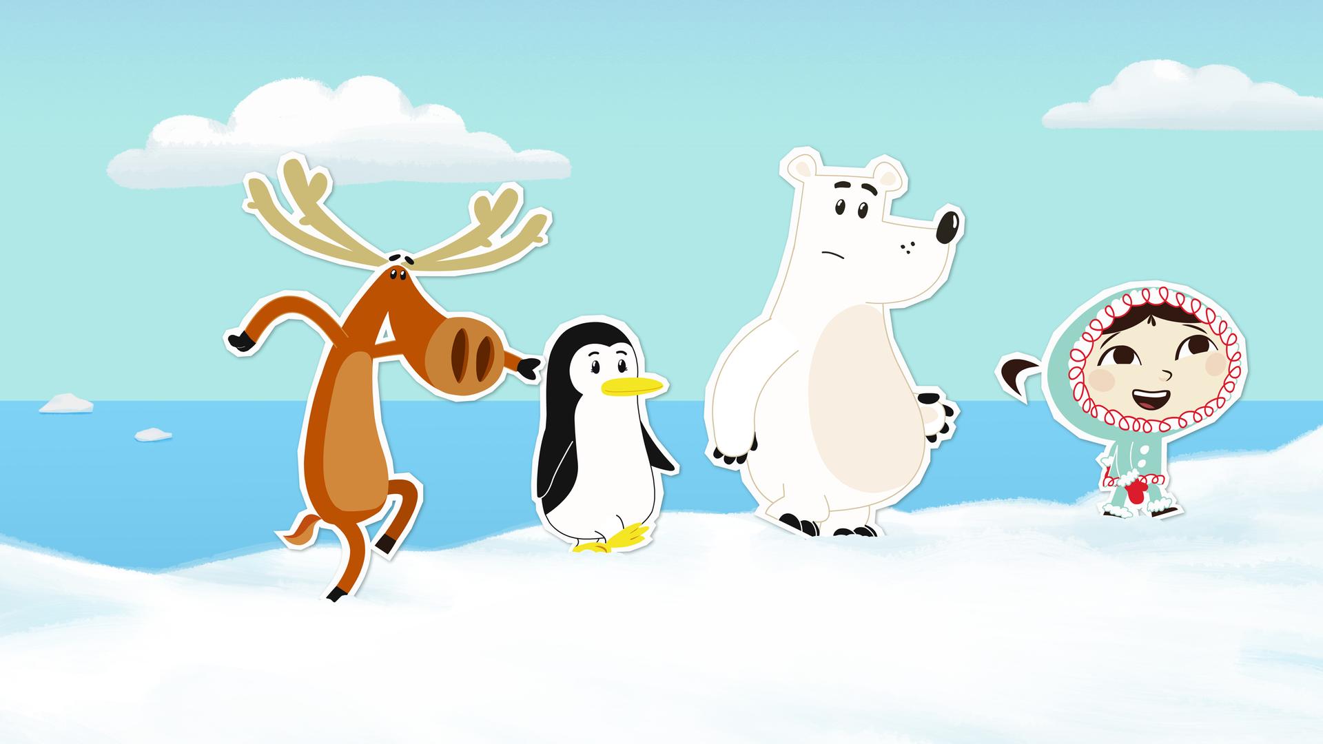 Inui, Lissy, Grumpel und Hubert laufen auf einem vereisten Boden.