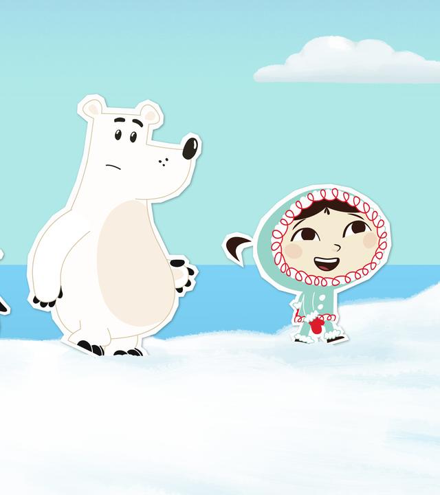 Inui, Lissy, Grumpel und Hubert laufen auf einem vereisten Boden.