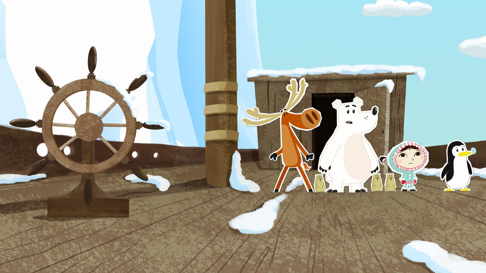 Hubert, Grumpel, Inui, Lissy und ein paar Lemminge sind auf einem alten Schiff, das an einigen Stellen mit Schnee bedeckt ist.