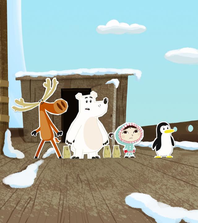 Hubert, Grumpel, Inui, Lissy und ein paar Lemminge sind auf einem alten Schiff, das an einigen Stellen mit Schnee bedeckt ist.