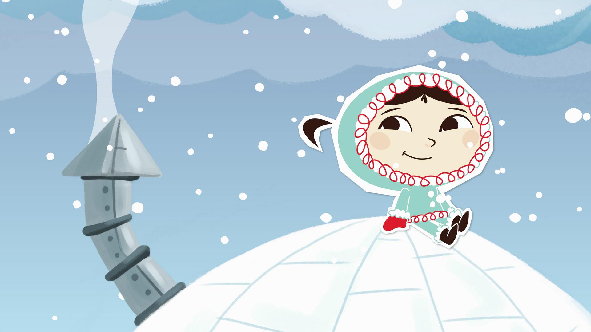 Inui sitzt auf ihrem Iglu, es schneit, und sie fragt sich, woher die Schneeflocken kommen.