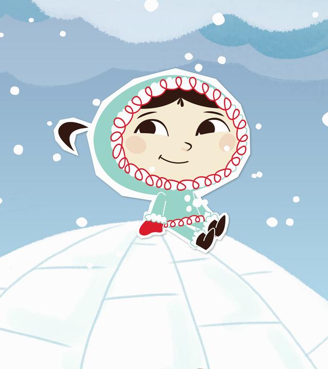 Inui sitzt auf ihrem Iglu, es schneit, und sie fragt sich, woher die Schneeflocken kommen.