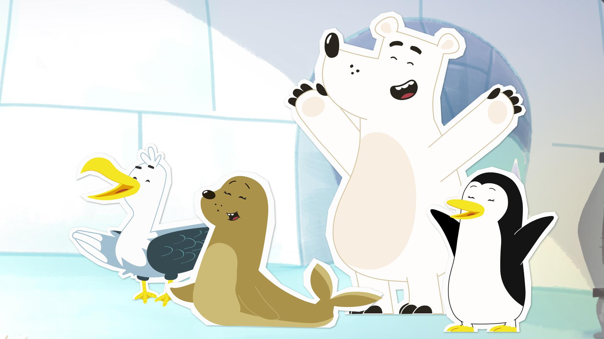 Eisbär Grumpel und seine Freunde freuen sich.