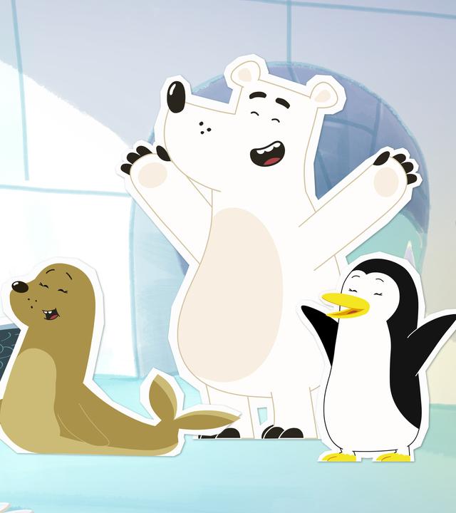 Eisbär Grumpel und seine Freunde freuen sich.