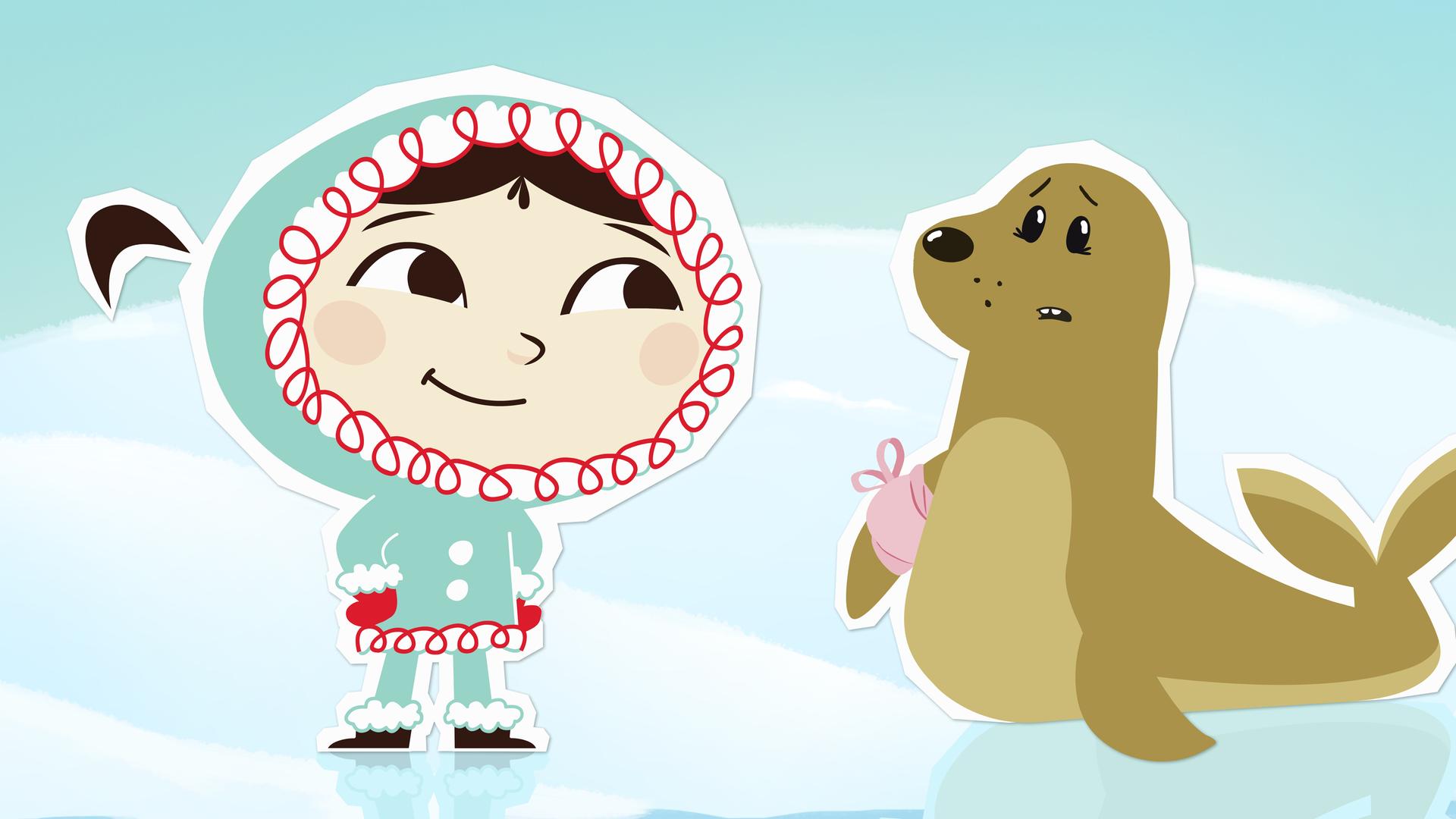 Seehund Sascha und Inui. Sascha trägt einen Verband an der Flosse.