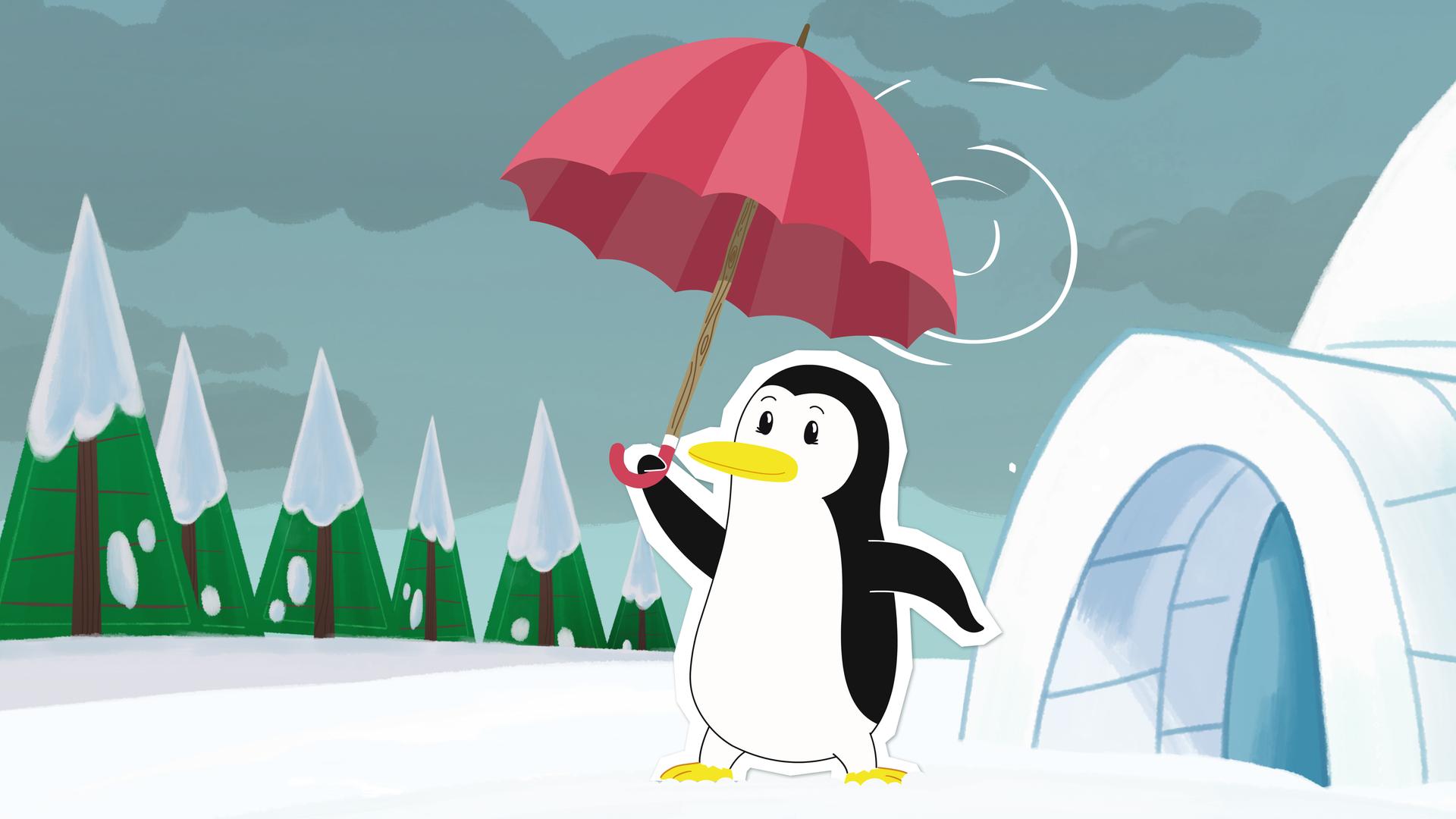 Pinguindame Lissy steht mit dem geliehenen Regenschirm vor Inuis Iglu.