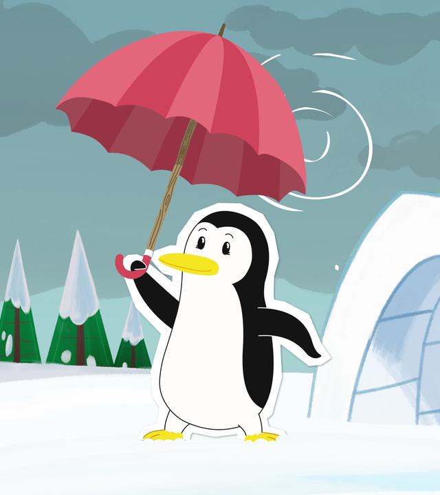 Pinguindame Lissy steht mit dem geliehenen Regenschirm vor Inuis Iglu.