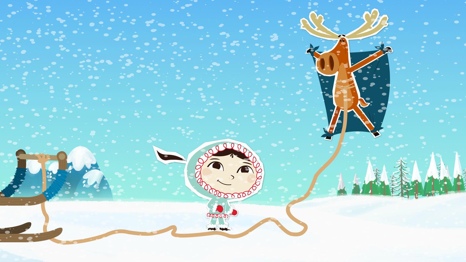 Hubert hat sich in der Schutzplane verheddert und zieht den Schlitten.