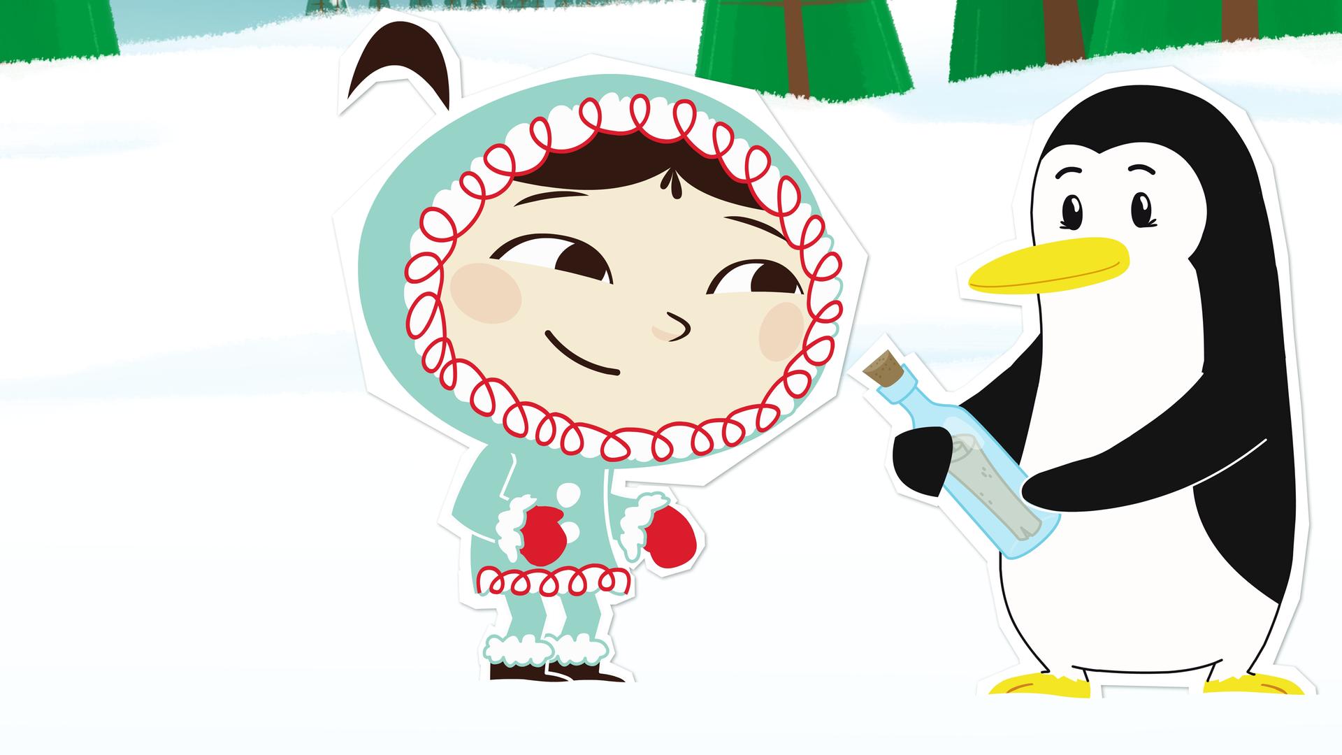 Inui bekommt Flaschenpost und lächelt die Pinguindame Lissy an, die die Flaschenpost in der Hand hält.