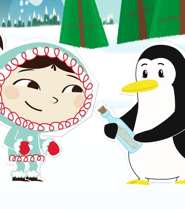Inui bekommt Flaschenpost und lächelt die Pinguindame Lissy an, die die Flaschenpost in der Hand hält.