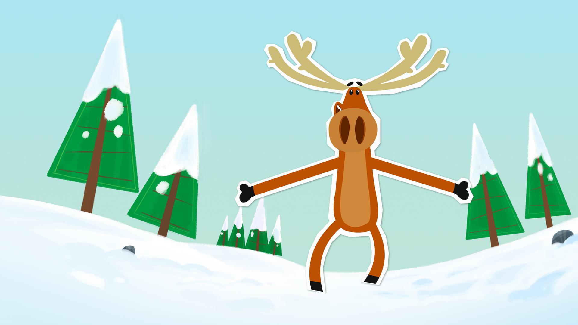 Elch Hubert steht mit ausgebreiteten Armen im Schnee und ist bereit für die Umarmungen.