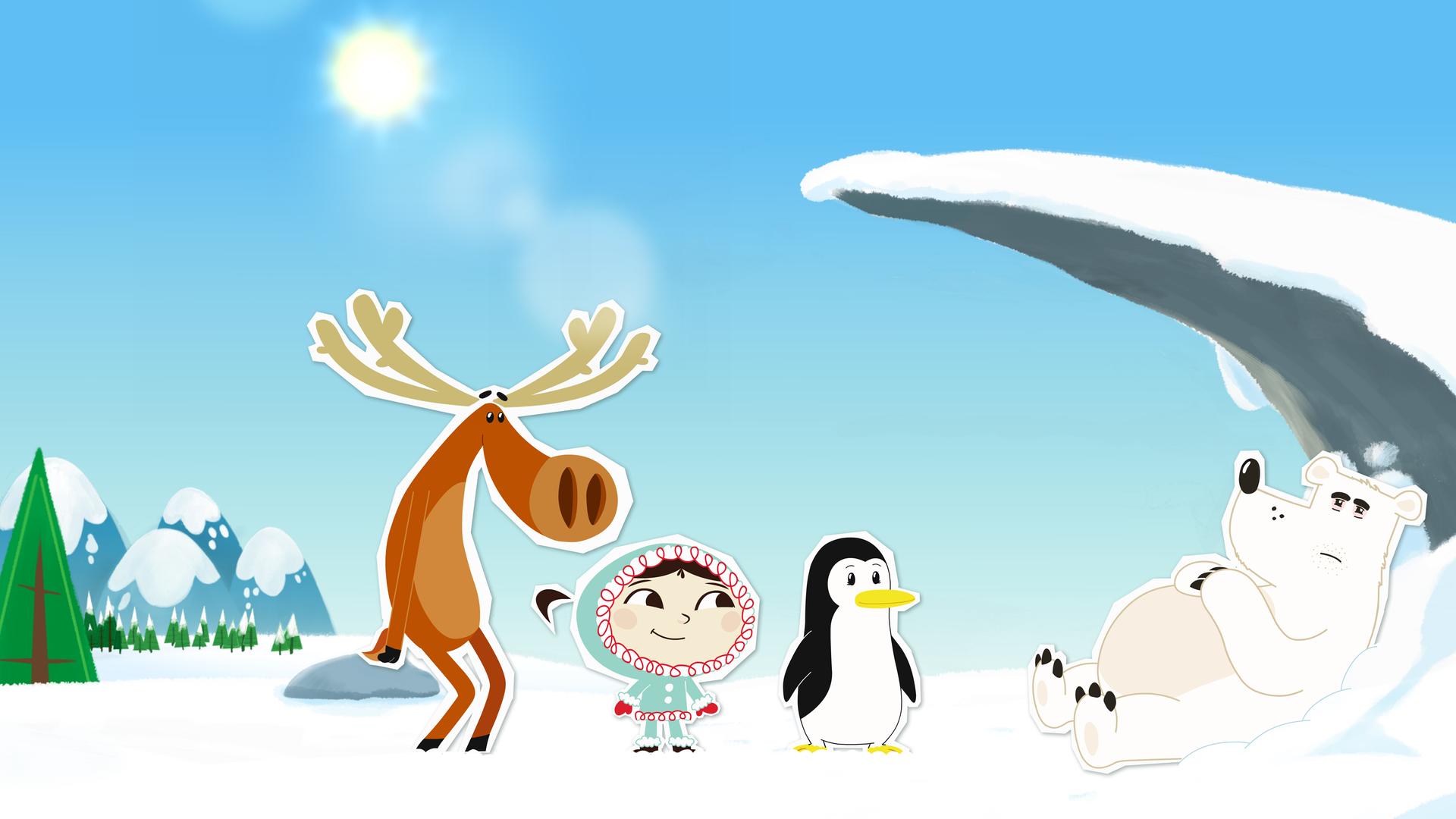 Grumpel liegt unter einem Eisvorsprung. Seine Freunde stehen vor ihm.