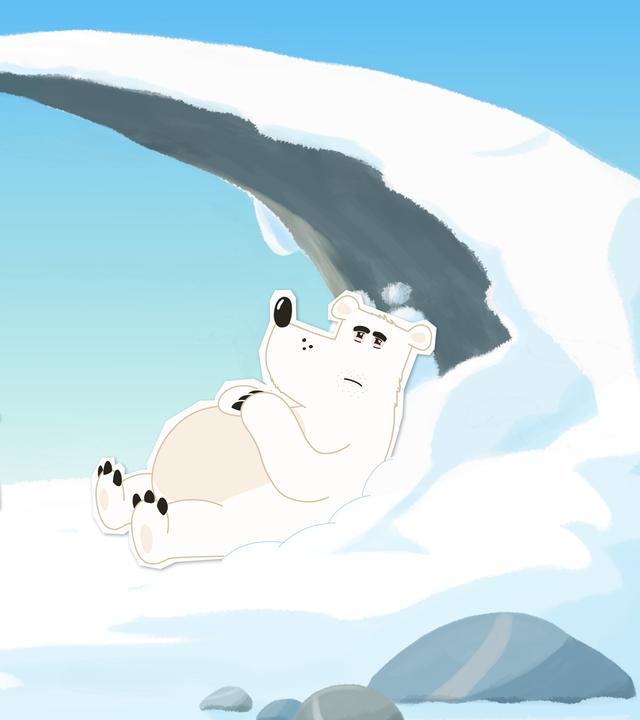 Grumpel liegt unter einem Eisvorsprung. Seine Freunde stehen vor ihm.