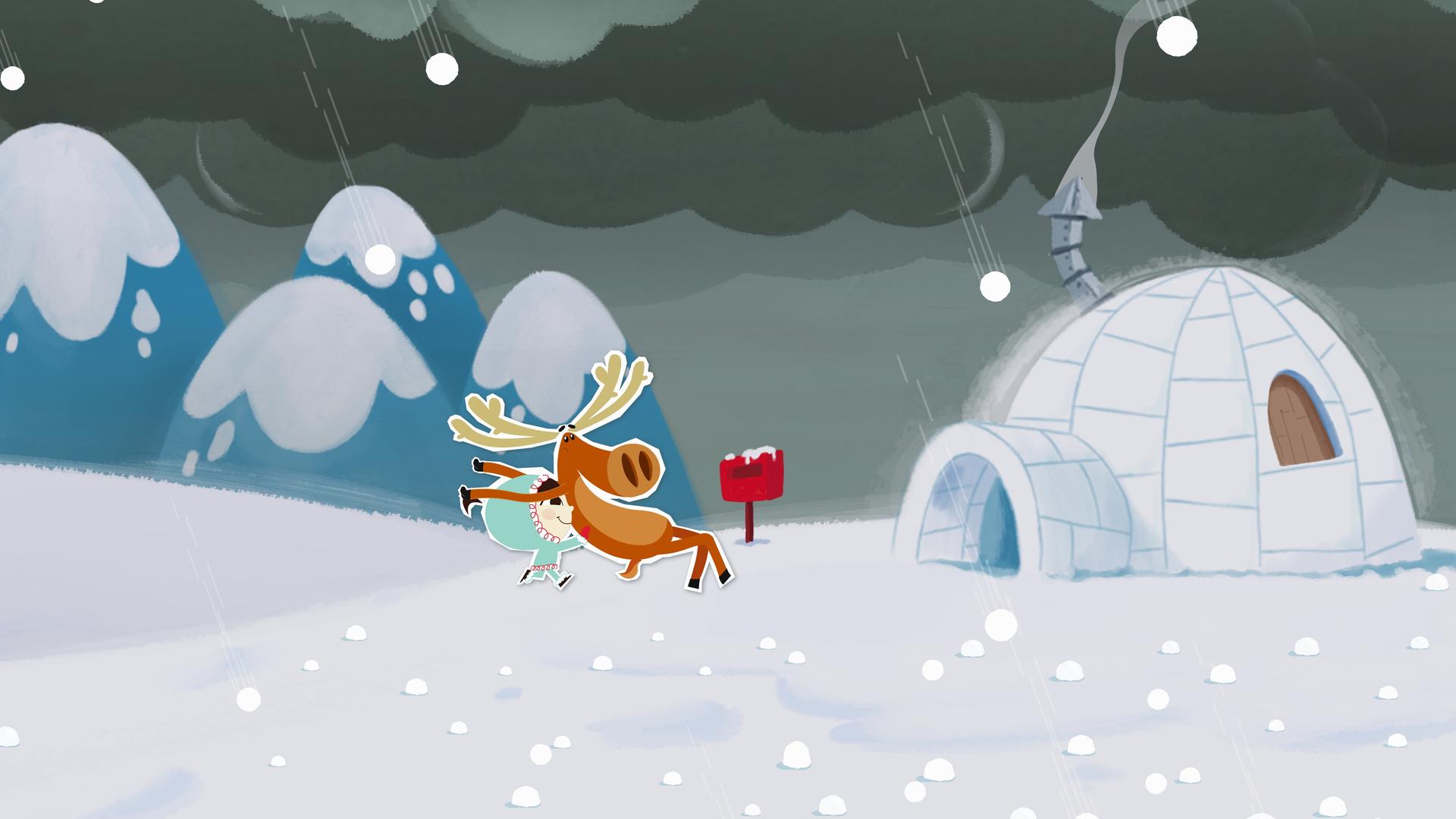 Ohje, es hat gehagelt! Inui und Elch Hubert stehen vor dem Iglo im Hagelgewitter.