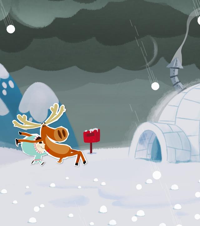 Ohje, es hat gehagelt! Inui und Elch Hubert stehen vor dem Iglo im Hagelgewitter.