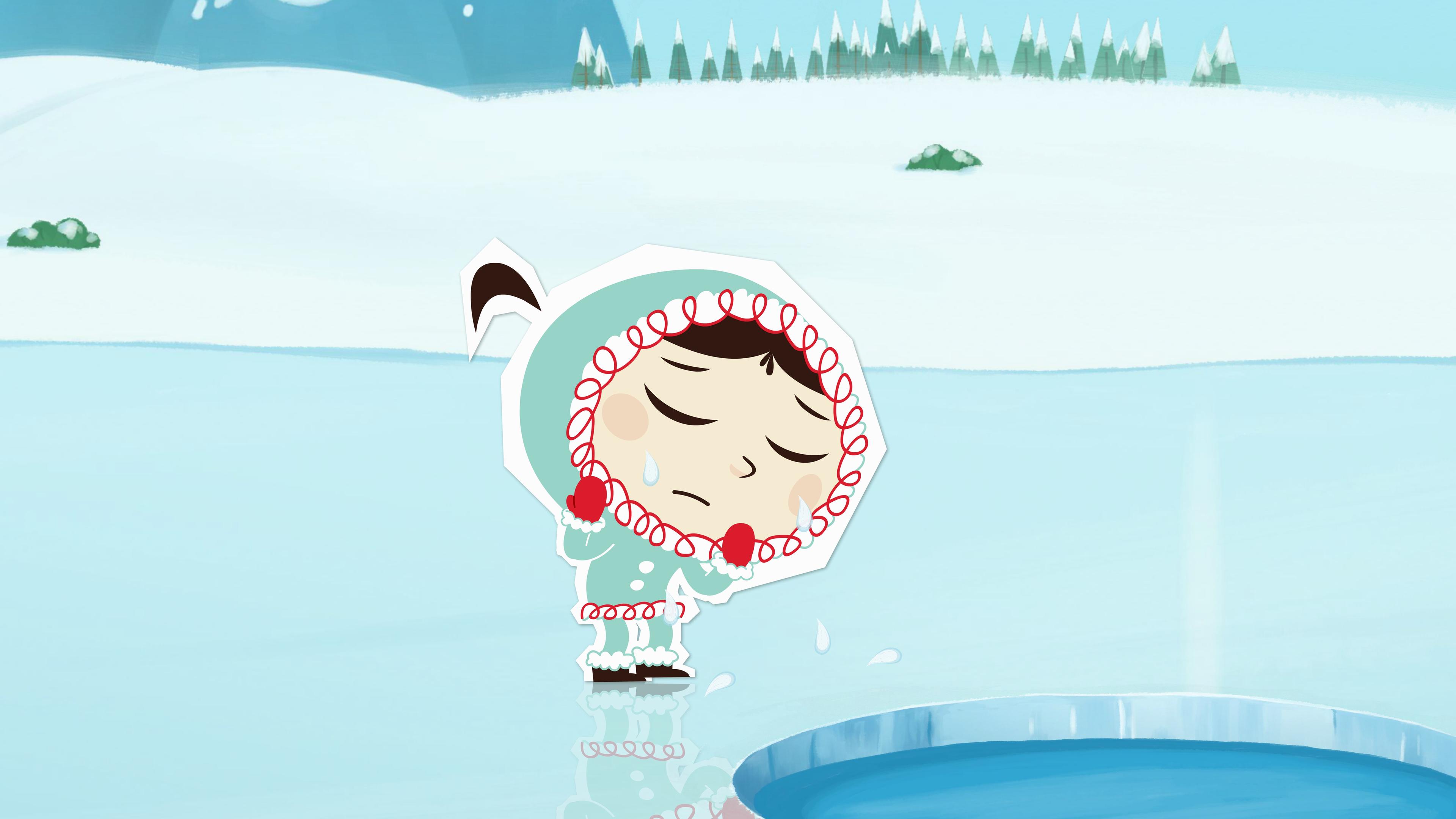 Inui ist traurig, weil Sascha nicht mehr mit ihr spielt. Sie weint und ihre Tränen tropfen in ein Eisloch.