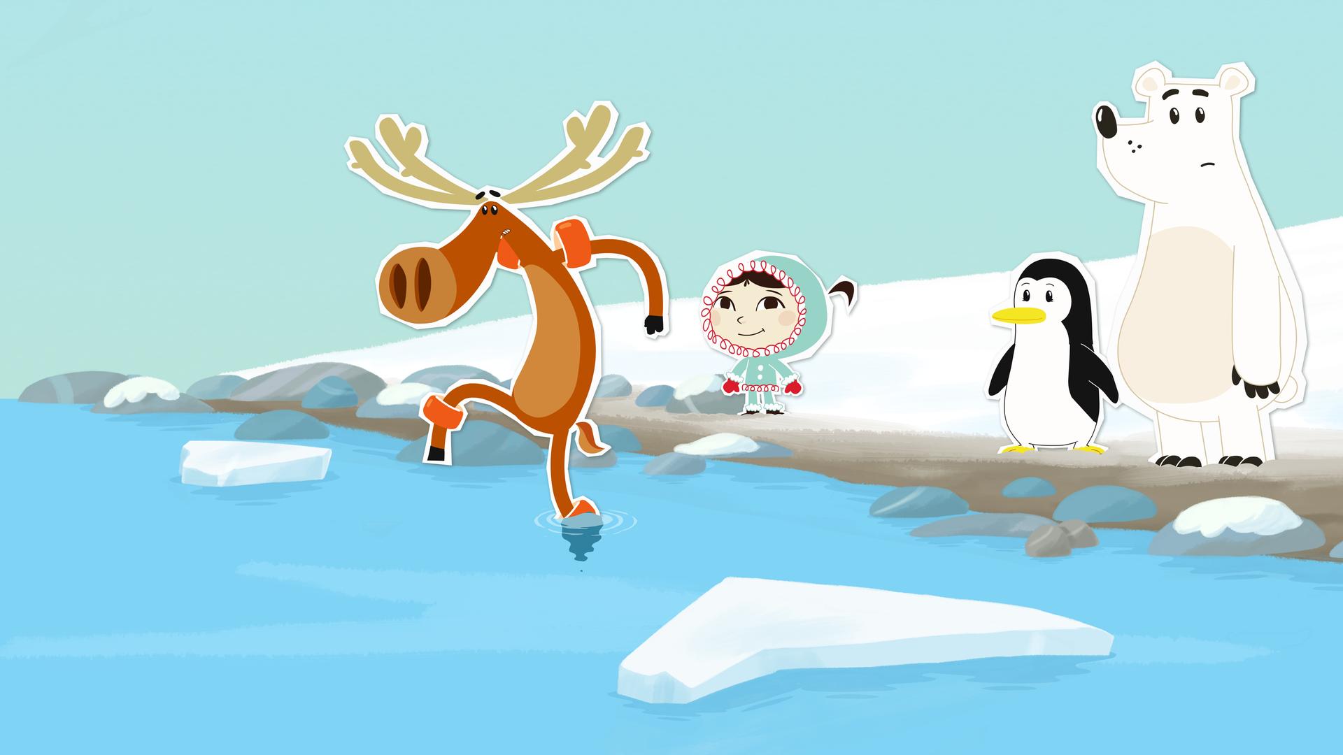 Der Helch Hubert geht mit Schwimmflügeln vorsichtig ins Wasser. Seine Freunde stehen am Ufer und schauen ihm zu. 