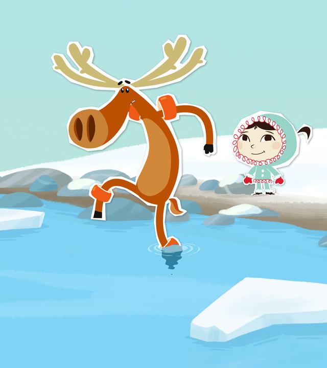 Der Helch Hubert geht mit Schwimmflügeln vorsichtig ins Wasser. Seine Freunde stehen am Ufer und schauen ihm zu. 