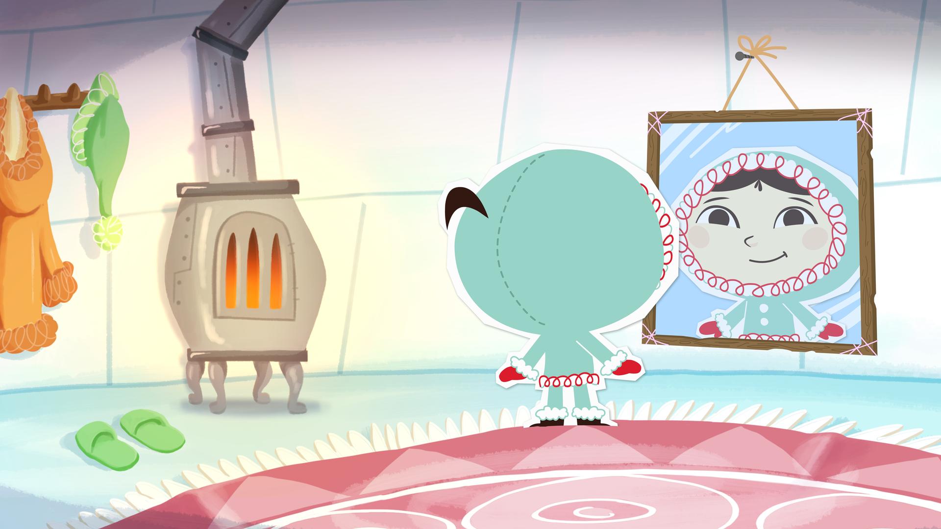 Inui schaut sich in ihrem Spiegel an und sieht glücklich aus. Sie ist in einem Iglu. 