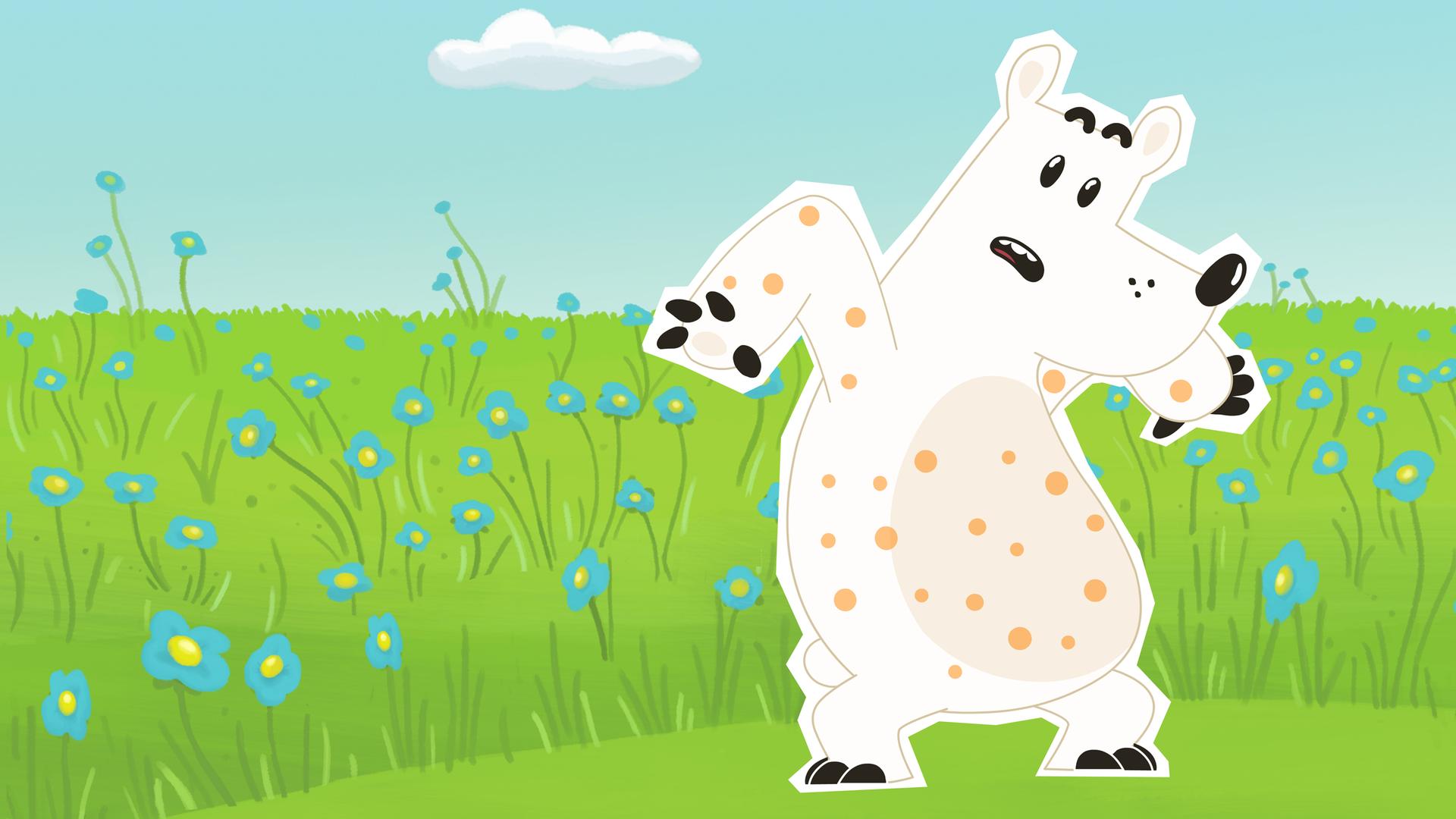 Eisbär Grumpel hat überall rote Punkte im Fell