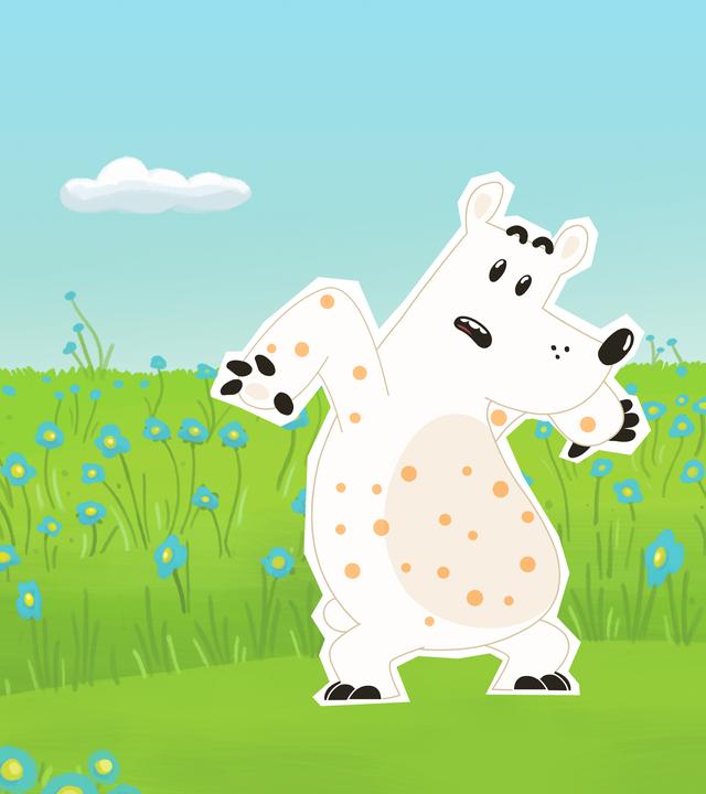 Eisbär Grumpel hat überall rote Punkte im Fell