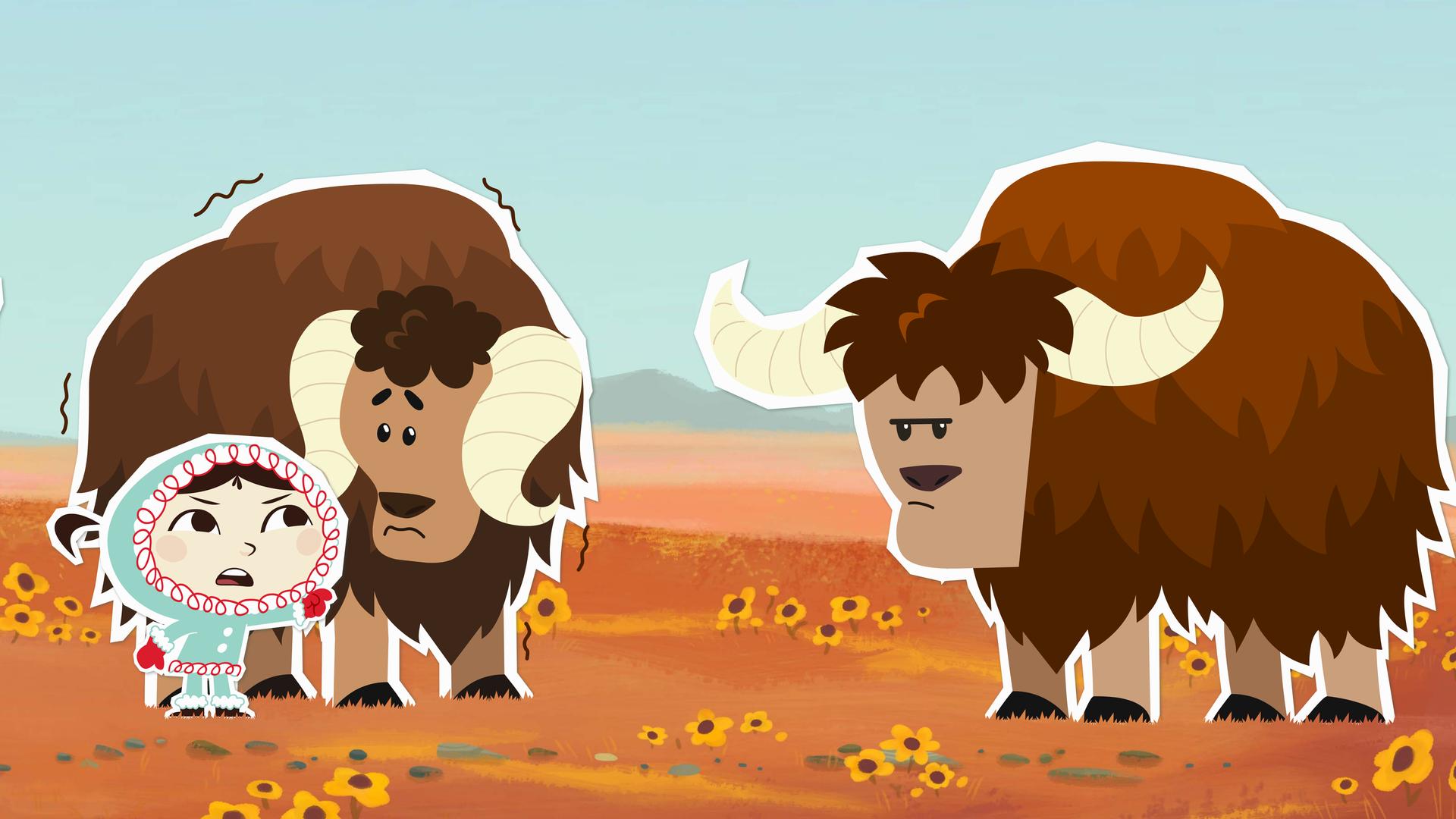 Inui und ein zitternder Willy stehen links. Rechts steht Ochse Walter.