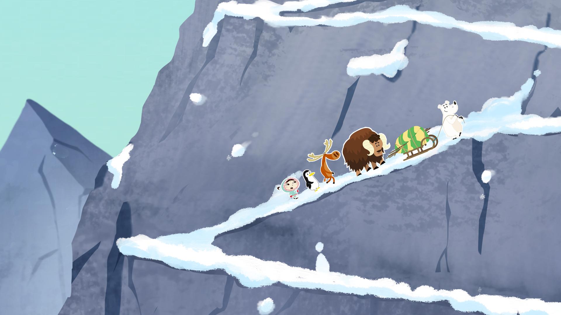 Willy, Inui und ihre Freunde besteigen einen großen Berg.