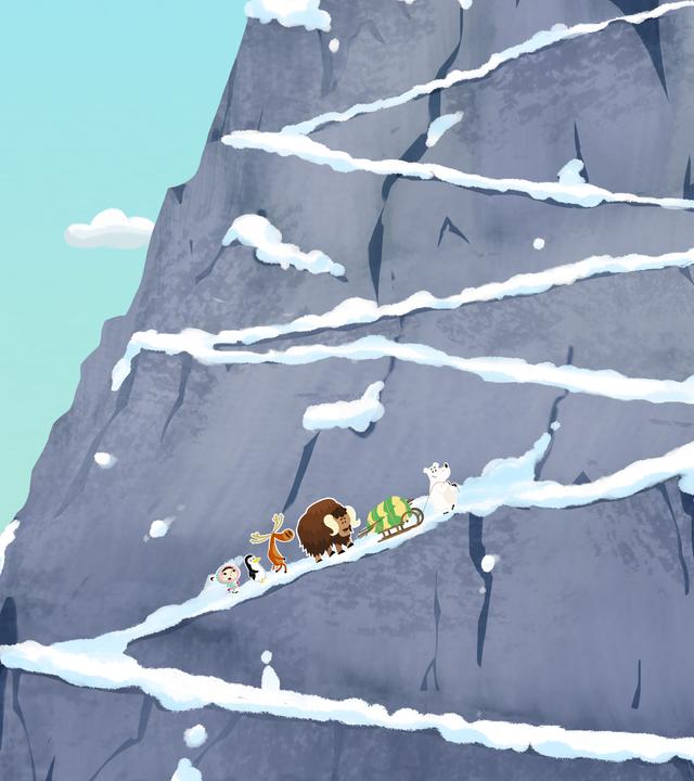 Willy, Inui und ihre Freunde besteigen einen großen Berg.