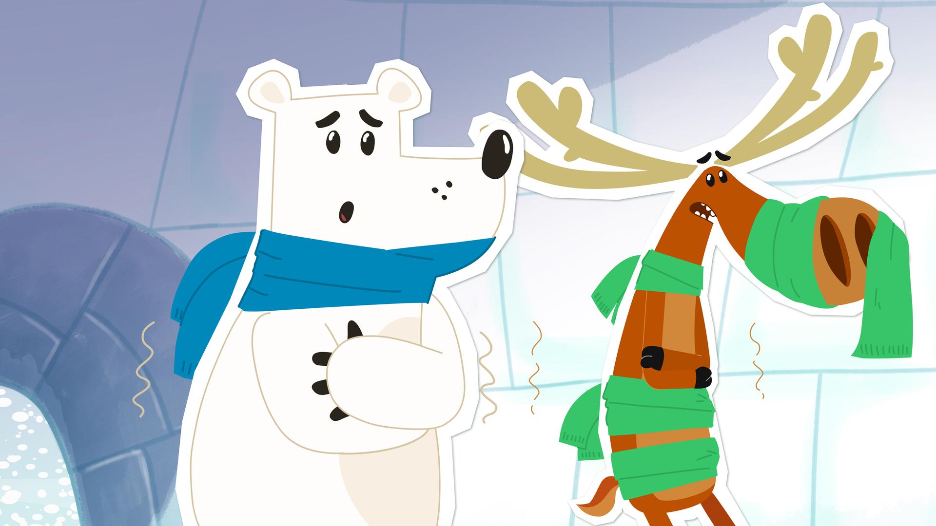 Eisbär Grumpel und Elch Hubert frieren.