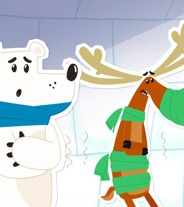 Eisbär Grumpel und Elch Hubert frieren.