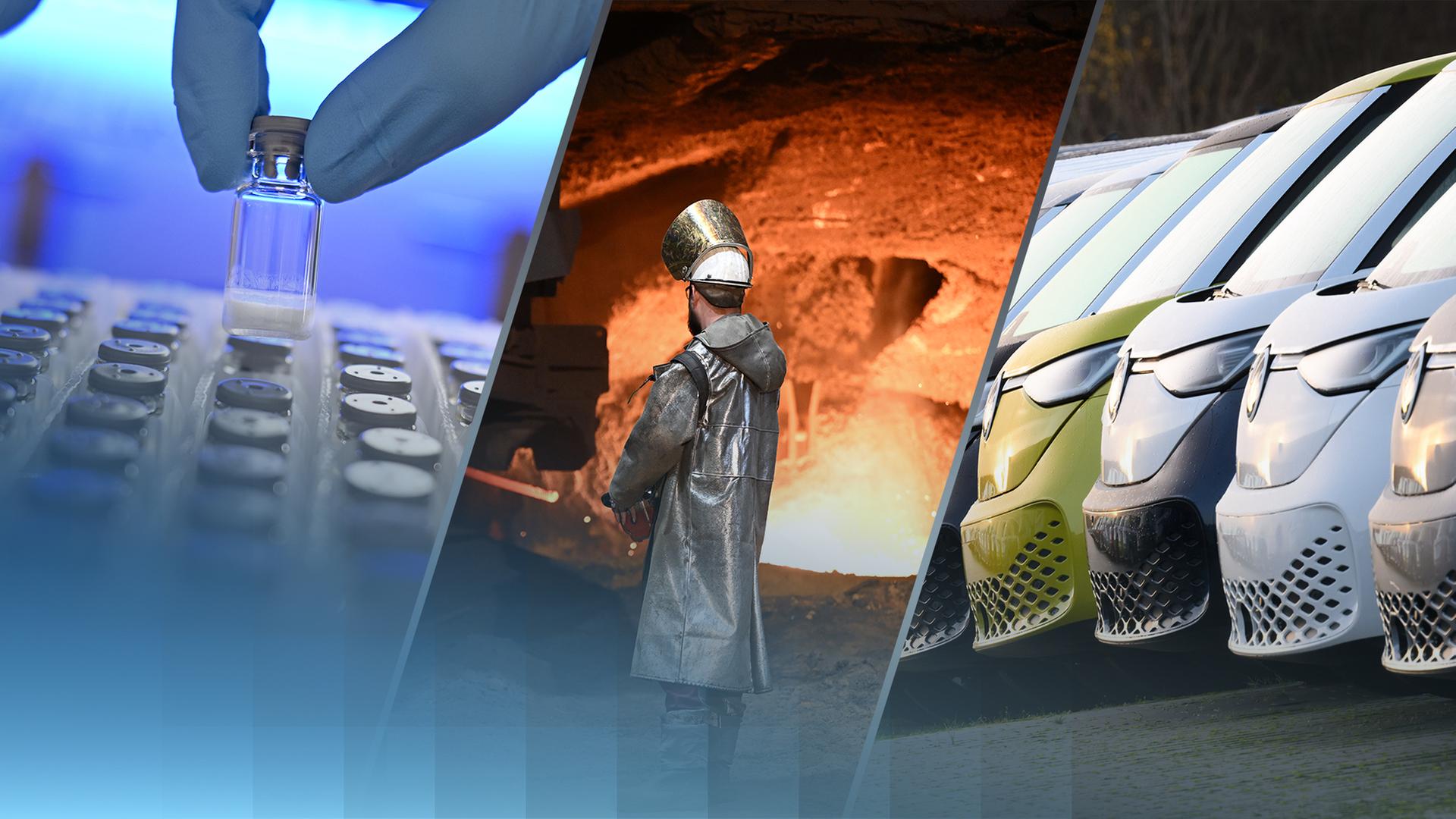 Auf der Collage sieht man links eine Probe in einem Labor, in der Mitte einen Arbeiter im Stahlwerk und rechts sind mehrere Elektro-Autos zu sehen.