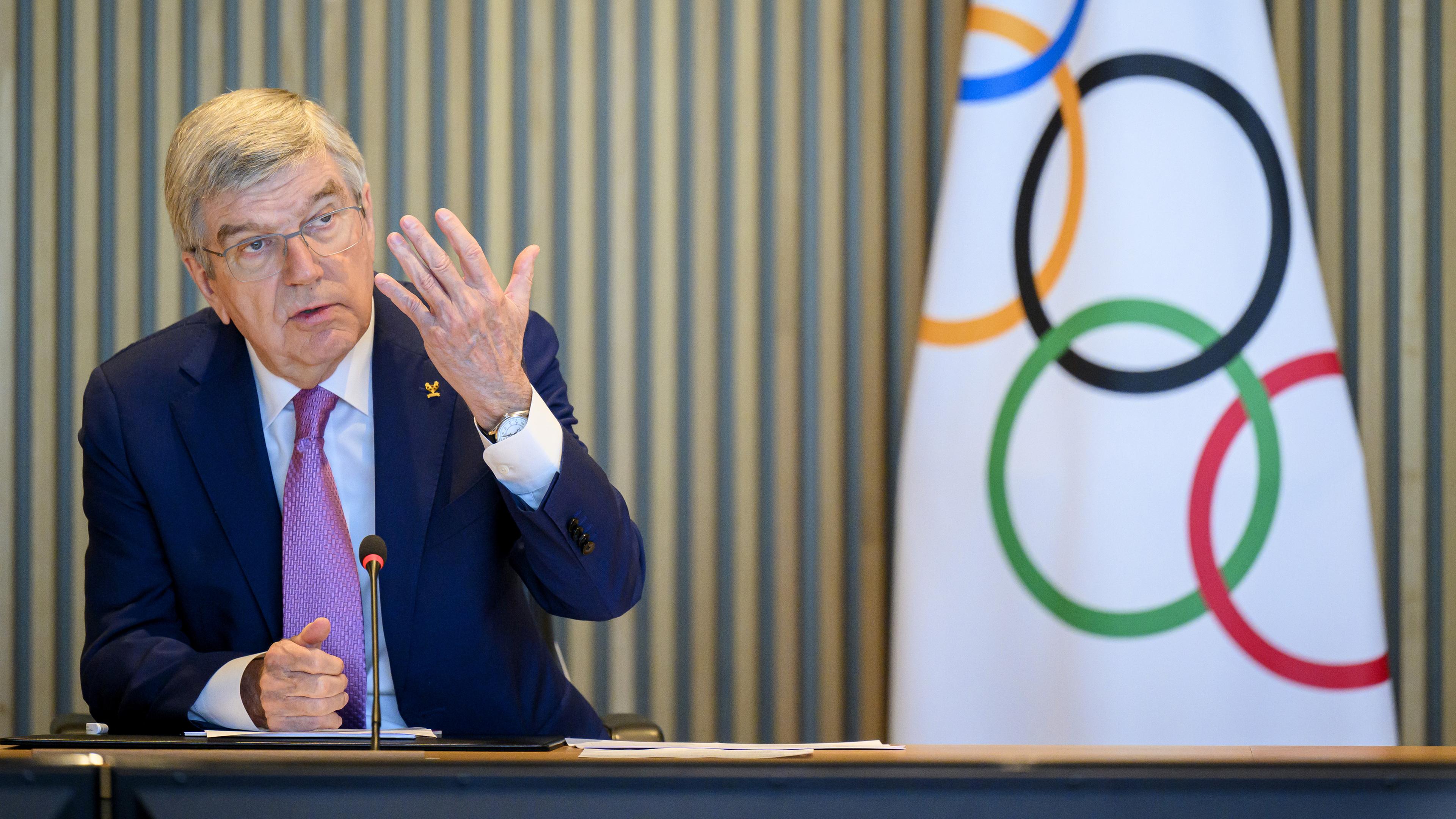 Thomas Bach, Präsident des Internationalen Olympischen Komitees, spricht bei der Eröffnung der Sitzung der Exekutive des Internationalen Olympischen Komitees im Olympischen Haus am 19.03.2024.