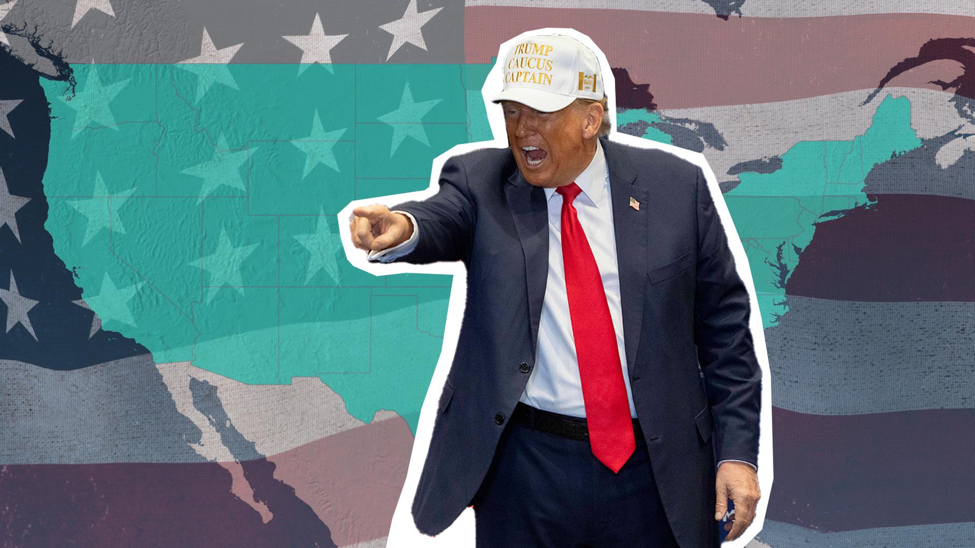 US-Karte und -Flagge im Hintergrund, Donald Trump im Vordergrund